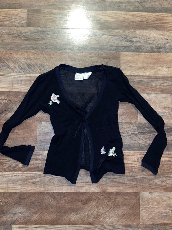 Moda International Sweaters - Y2K Vintage Sheer MODA INTL Black Embroidered V-Neck Cardigan size Small